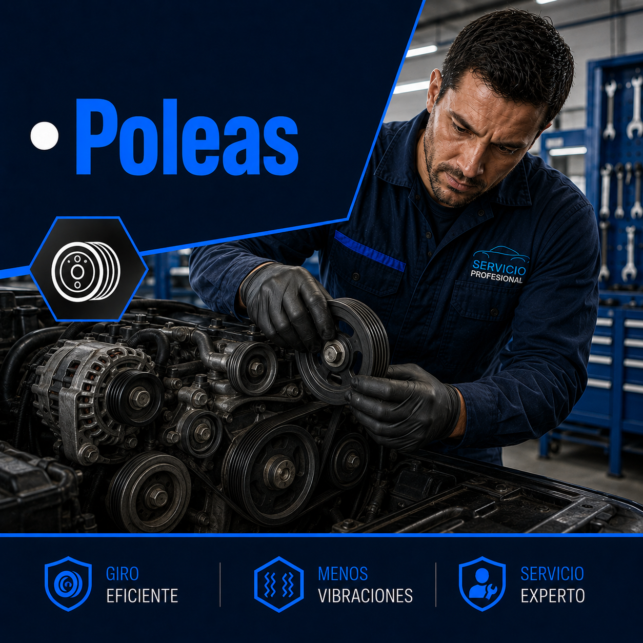 Poleas y apoyos del sistema del motor