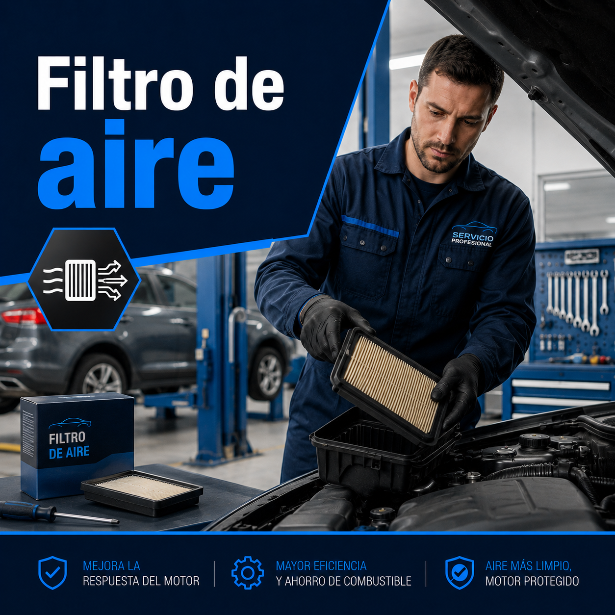 Filtro de aire del motor durante una revisión