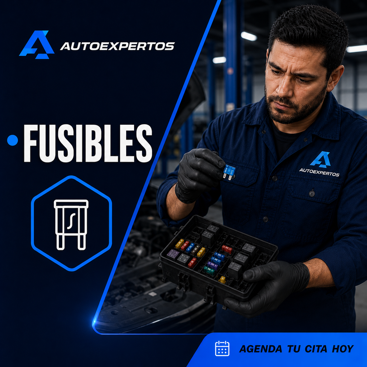 Caja de fusibles del vehículo abierta para su revisión