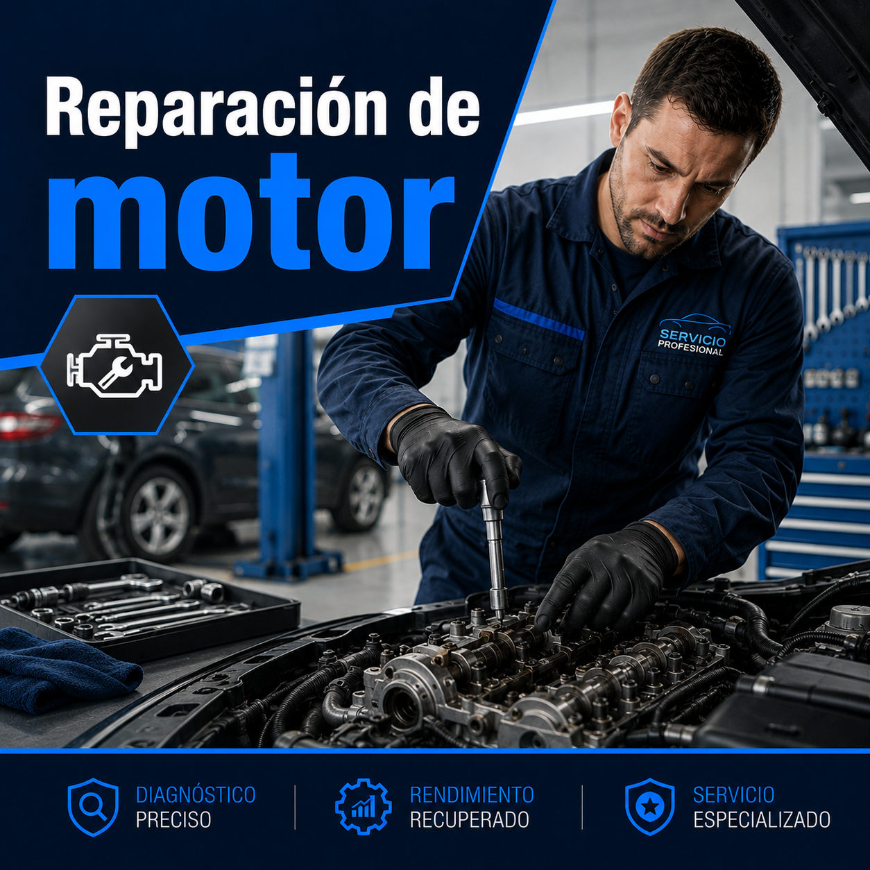 Mecánico revisando un motor en Talleres Benalúa