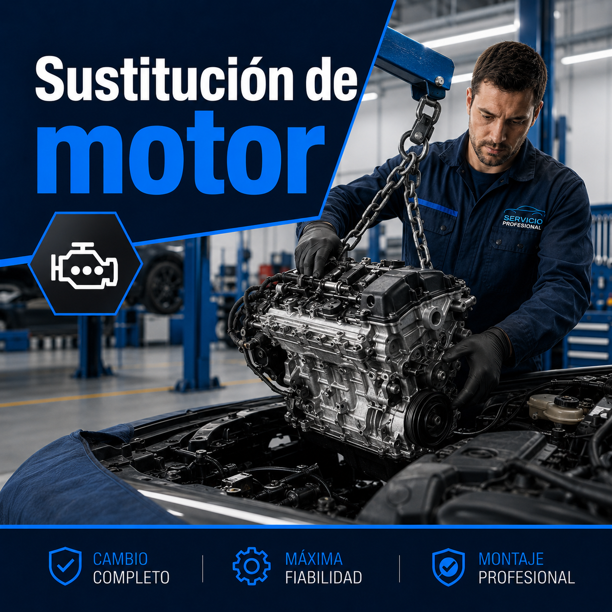 Motor preparado para su sustitución en el taller